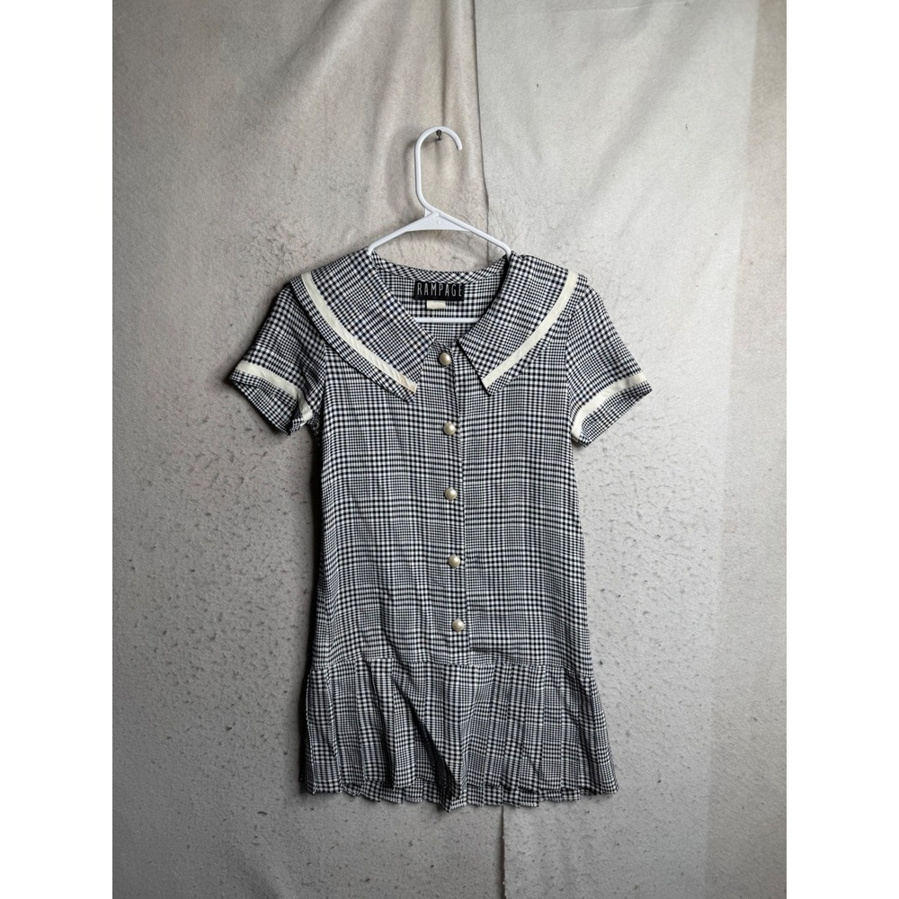 Vintage Rampage Gingham Sailor Collar Mini Dress Black White Plaid Pleated Sz 10